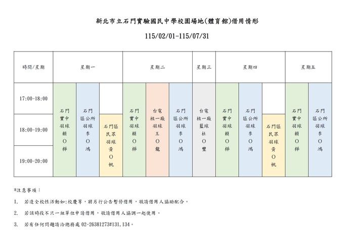 新北市立石門實驗國民中學校園場地(體育館)借用情形(115/02/01-115/07/31)