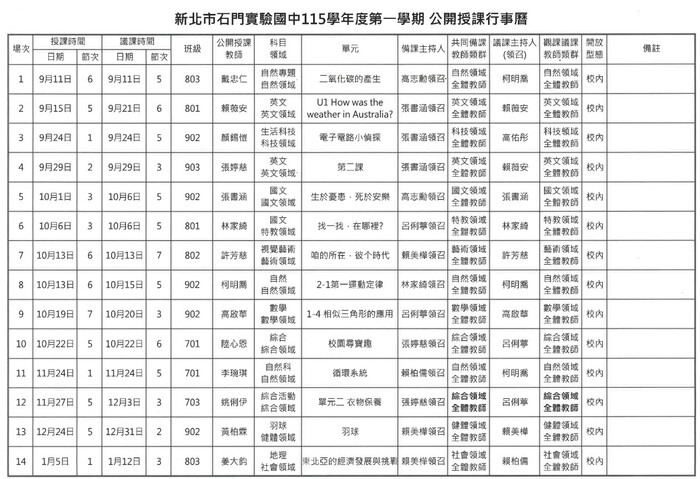 115-1 公開授課行事曆